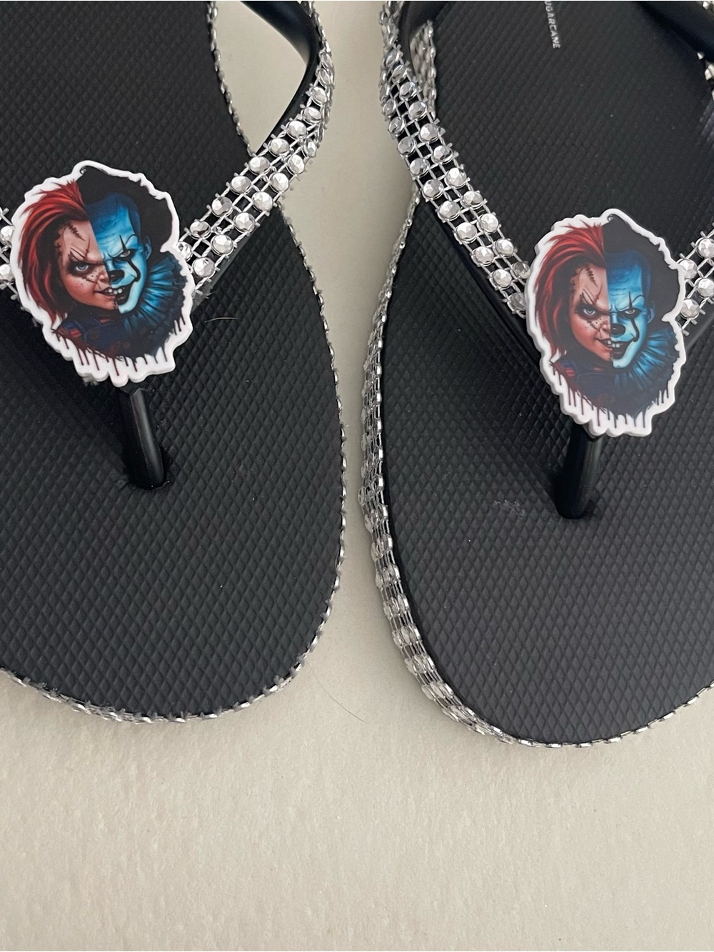 Black Rhinestone Flip Flop Sandals with Clown Face Charm